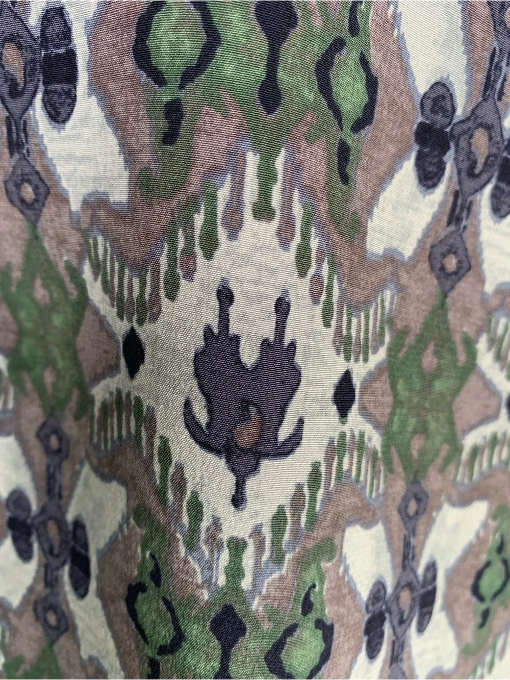 Tory Burch 100% Silk Ikat Print Blouse Size 10 Green Blue Gray